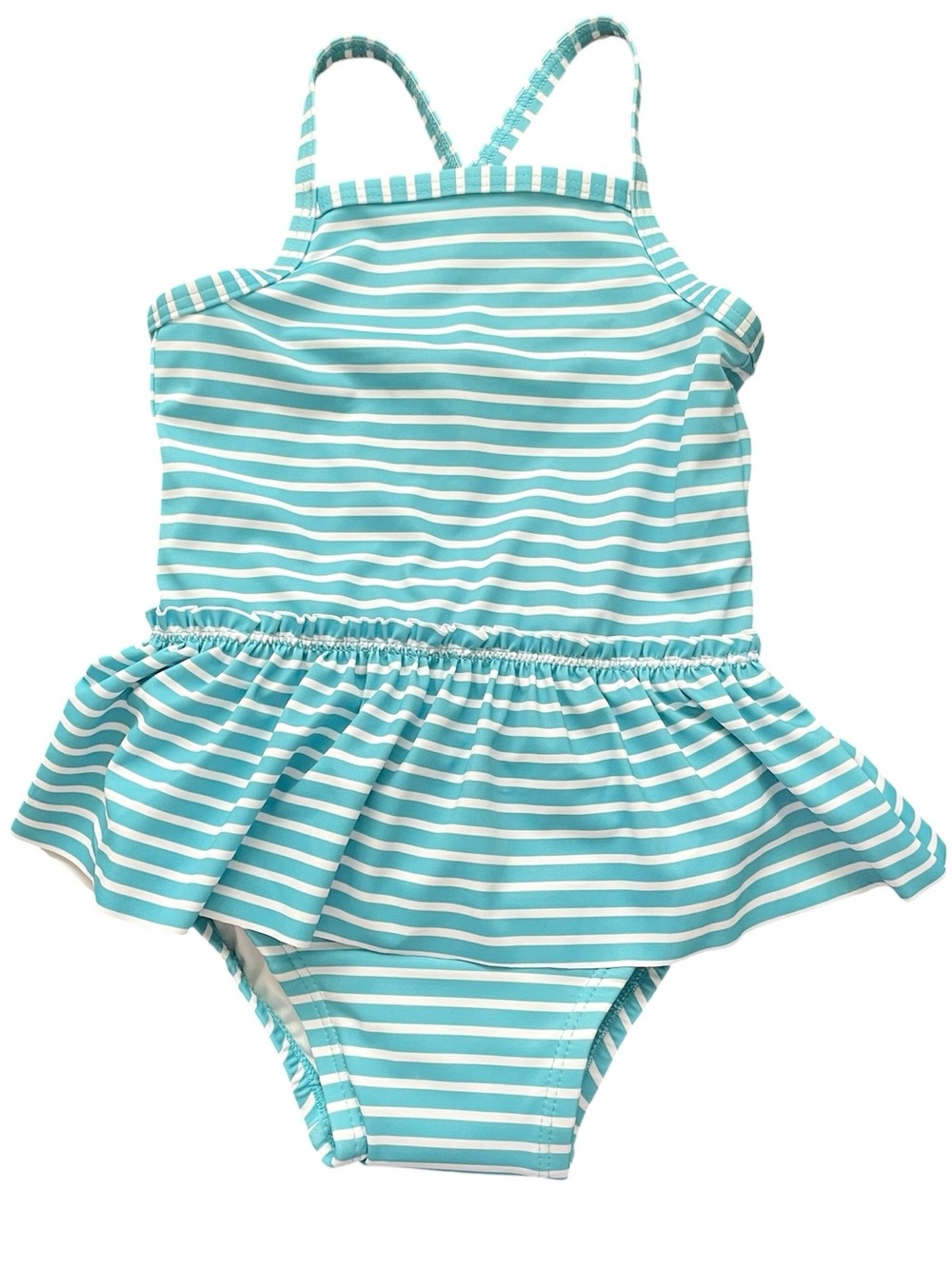 Moon and Back by Hanna Andersson Girls Blue White Striped Skirted Swimsuit 2T